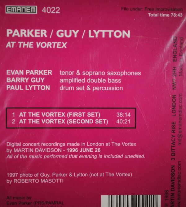 Evan Parker/Barry Guy/Paul Lytton – At The Vortex (1996) - Afbeelding 2